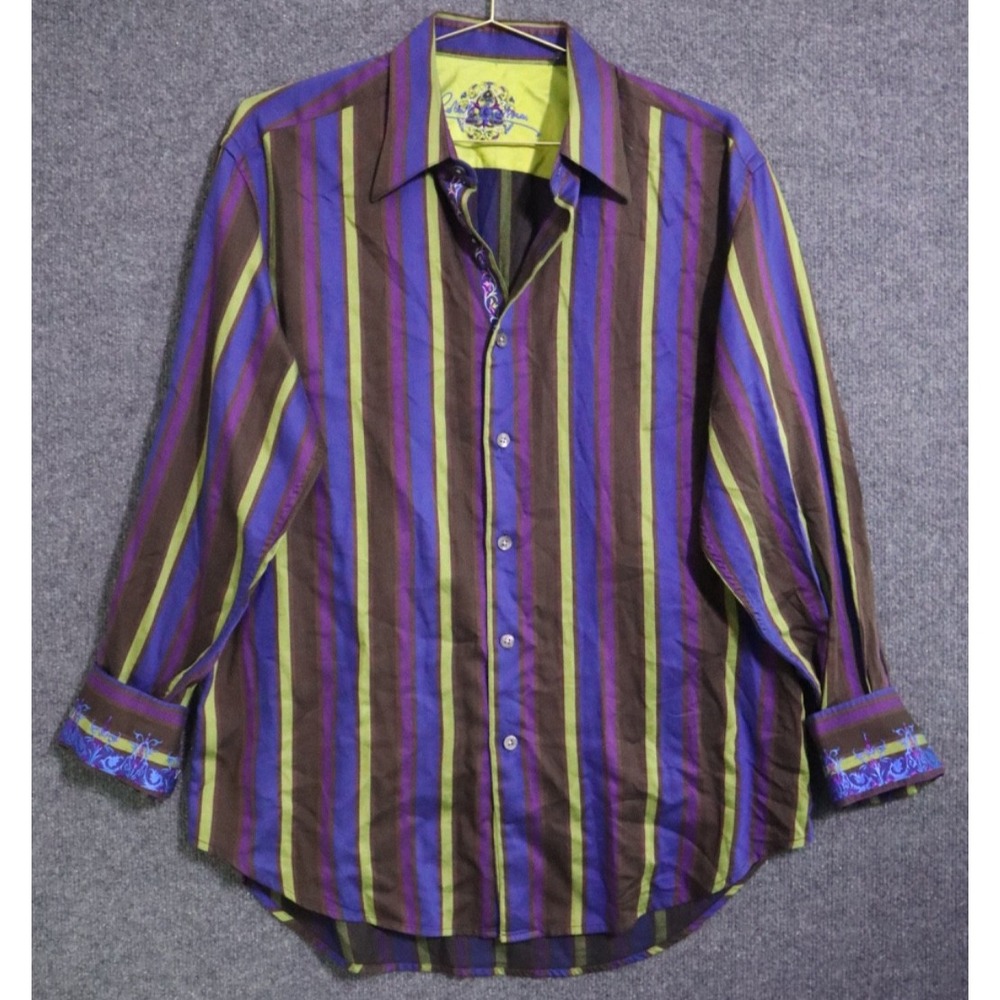 Robert Graham Shirt Men XL Multi Stripe LS Button Up Flip Cuff EUC Silk Blend